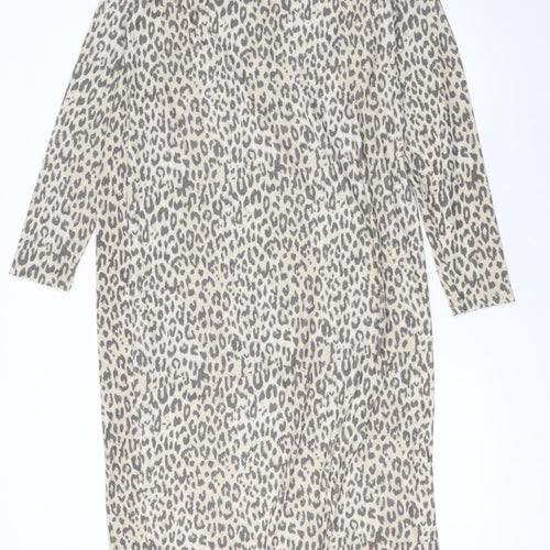 River Island Women Beige Leopard Print Long Sleeve Shift Midi Dress Size 18