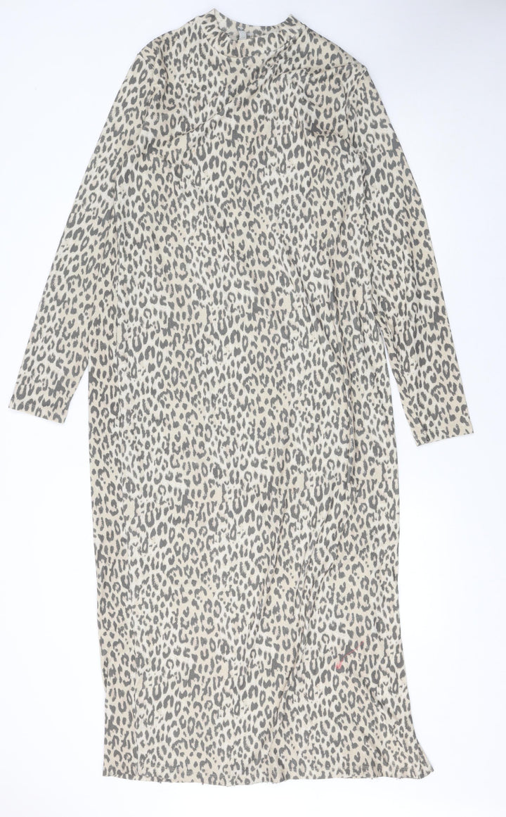 River Island Women Beige Leopard Print Long Sleeve Shift Midi Dress Size 18