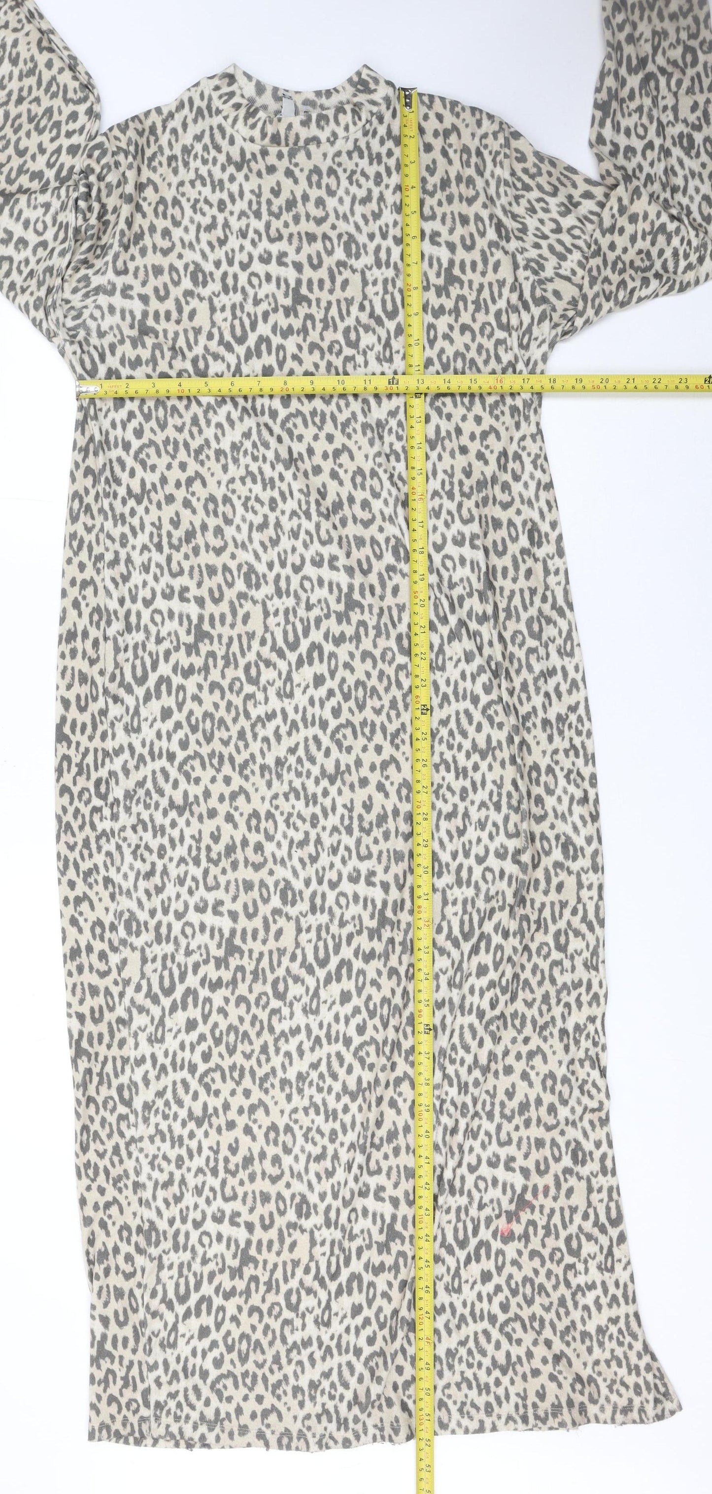 River Island Women Beige Leopard Print Long Sleeve Shift Midi Dress Size 18