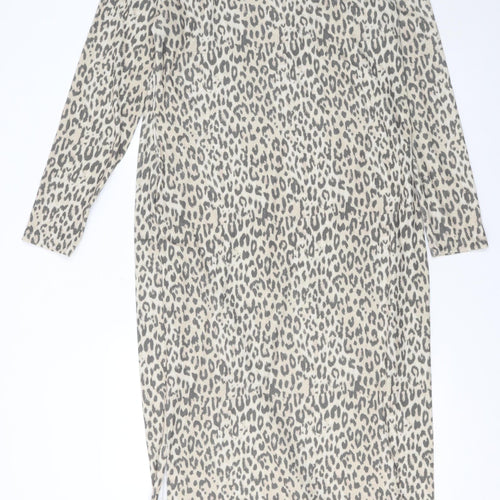 River Island Women Beige Leopard Print Long Sleeve Shift Midi Dress Size 18