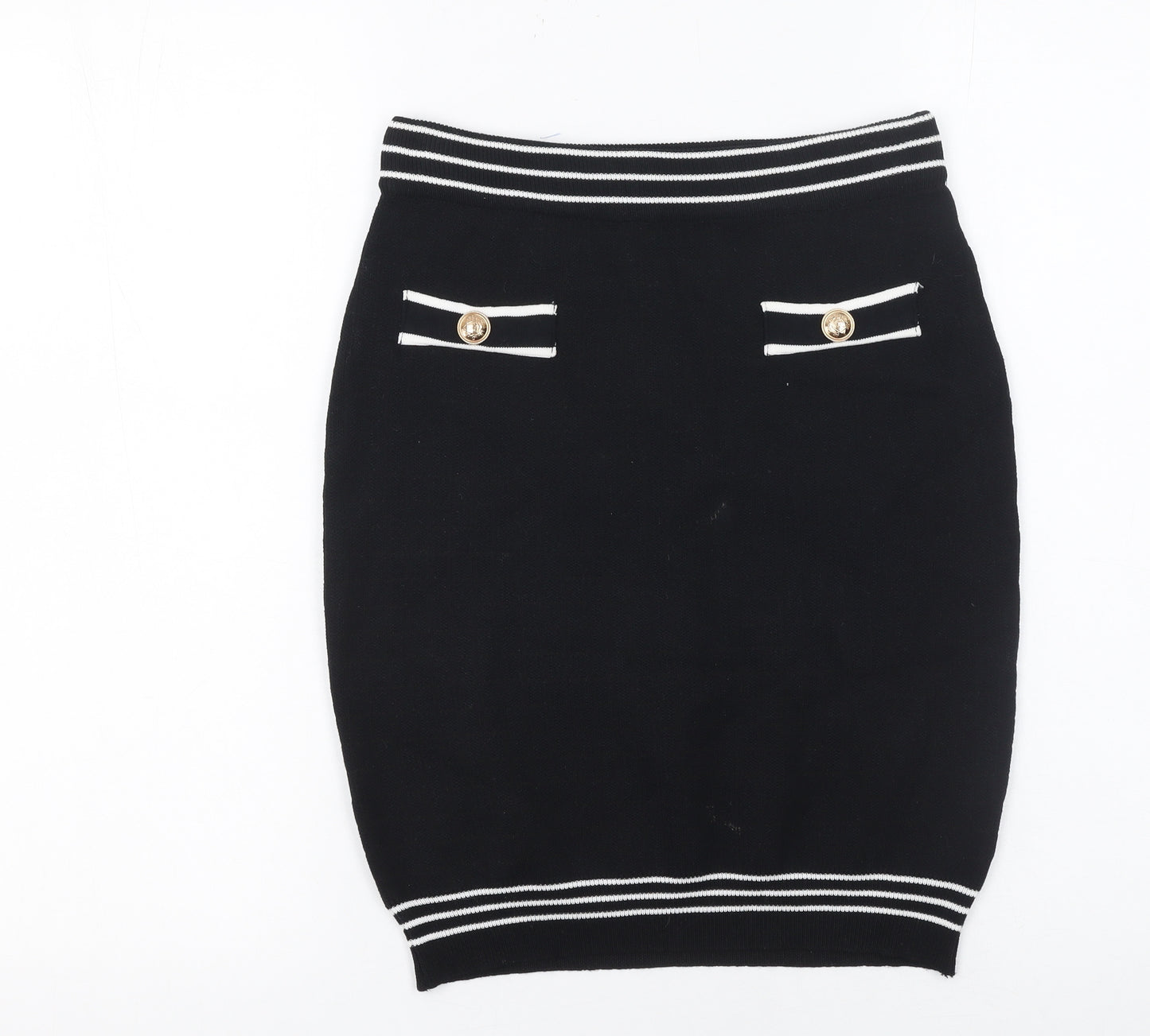 By Clara Paris Women’s Black Knit Pencil Skirt M Stripe Button Detail