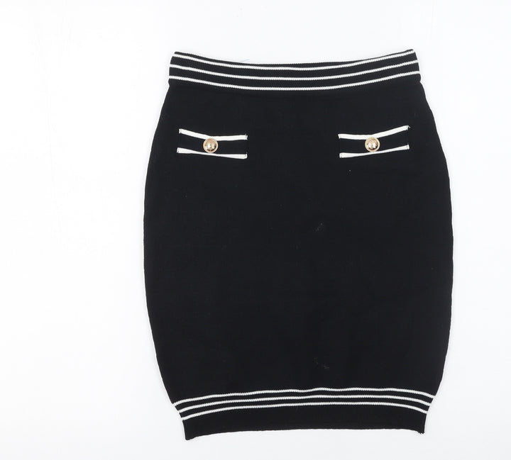 By Clara Paris Women’s Black Knit Pencil Skirt M Stripe Button Detail