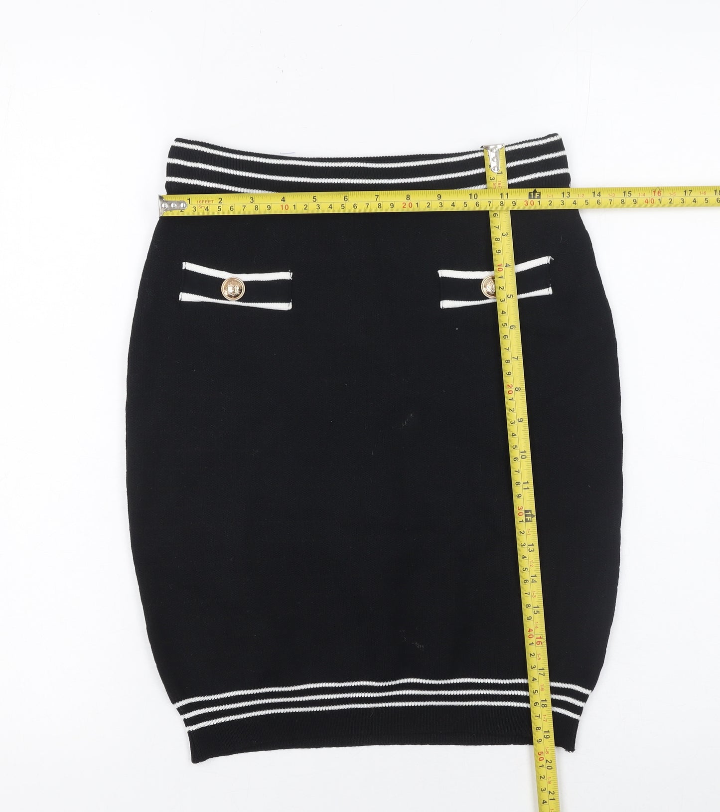 By Clara Paris Women’s Black Knit Pencil Skirt M Stripe Button Detail