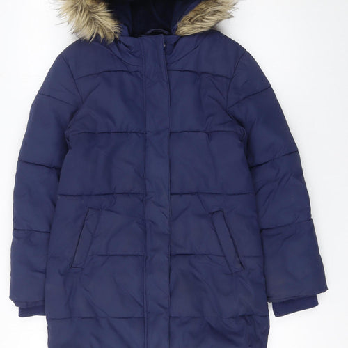 John Lewis Girls Blue Hooded Mid-Length Puffer Coat Age 10 Winter Lined