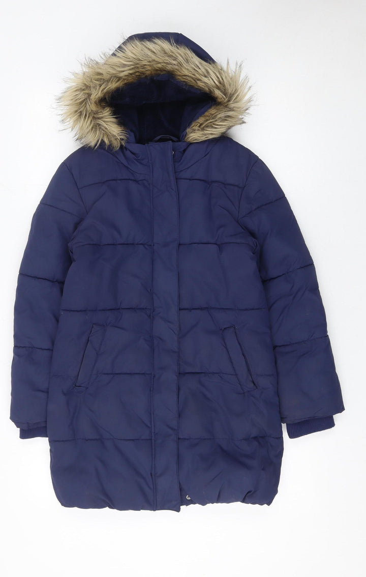 John Lewis Girls Blue Hooded Mid-Length Puffer Coat Age 10 Winter Lined