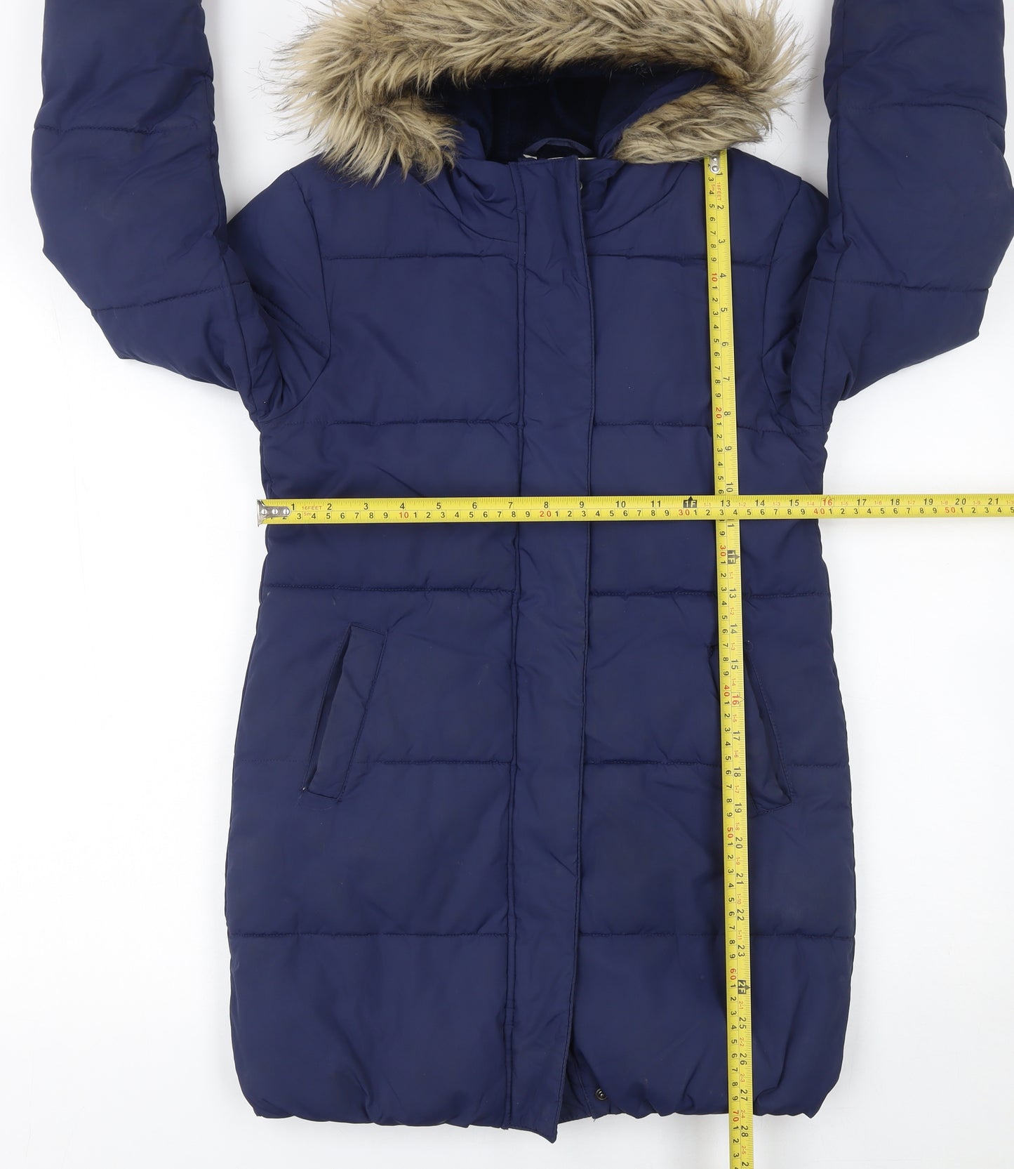 John Lewis Girls Blue Hooded Mid-Length Puffer Coat Age 10 Winter Lined