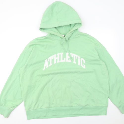 H&M Women Green Pullover Hoodie L Athletic Print Cotton Blend