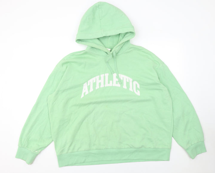H&M Women Green Pullover Hoodie L Athletic Print Cotton Blend