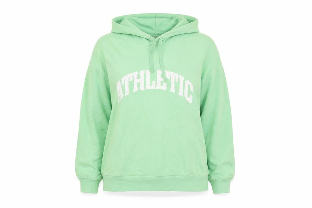 Front view of H&M Women Green Pullover Hoodie L Athletic Print Cotton Blend