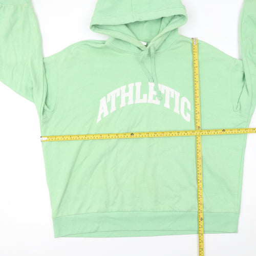 H&M Women Green Pullover Hoodie L Athletic Print Cotton Blend