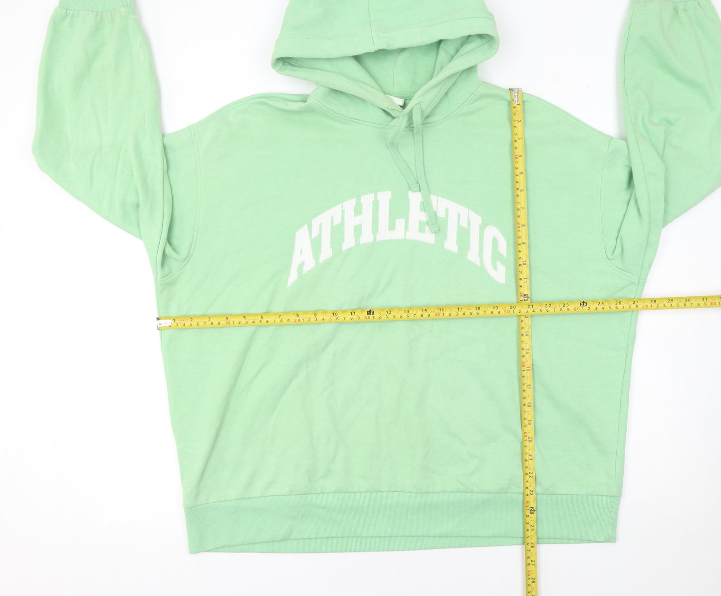H&M Women Green Pullover Hoodie L Athletic Print Cotton Blend