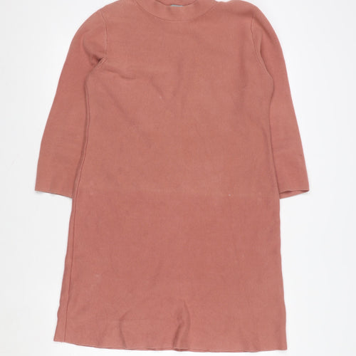 COS Women Pink Cotton Knit Shift Dress XS 3/4 Sleeve High Neck