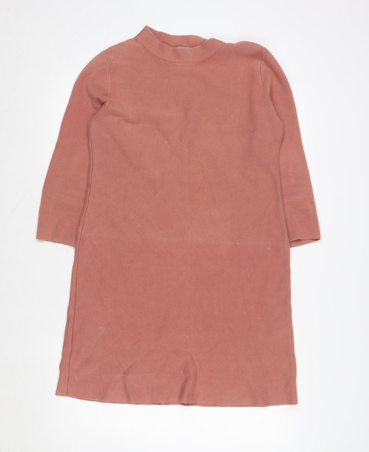 COS Women Pink Cotton Knit Shift Dress XS 3/4 Sleeve High Neck