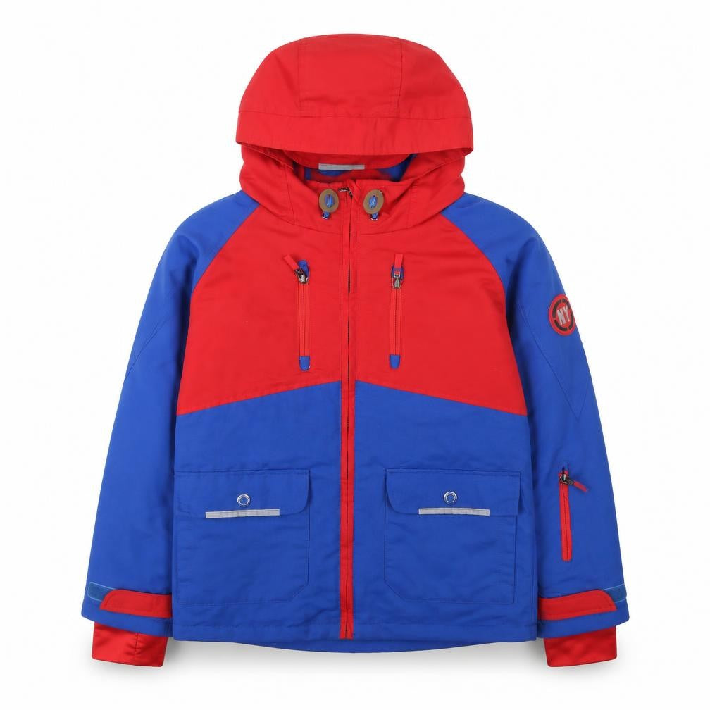 Front view of Tu boys’ blue red hooded parka jacket 11 years lined waterproof outerwear