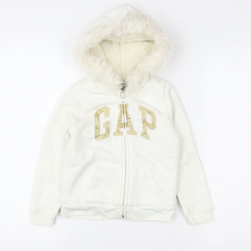 Gap Girls Ivory Faux Fur Hooded Lined Zip Jacket 5 Years