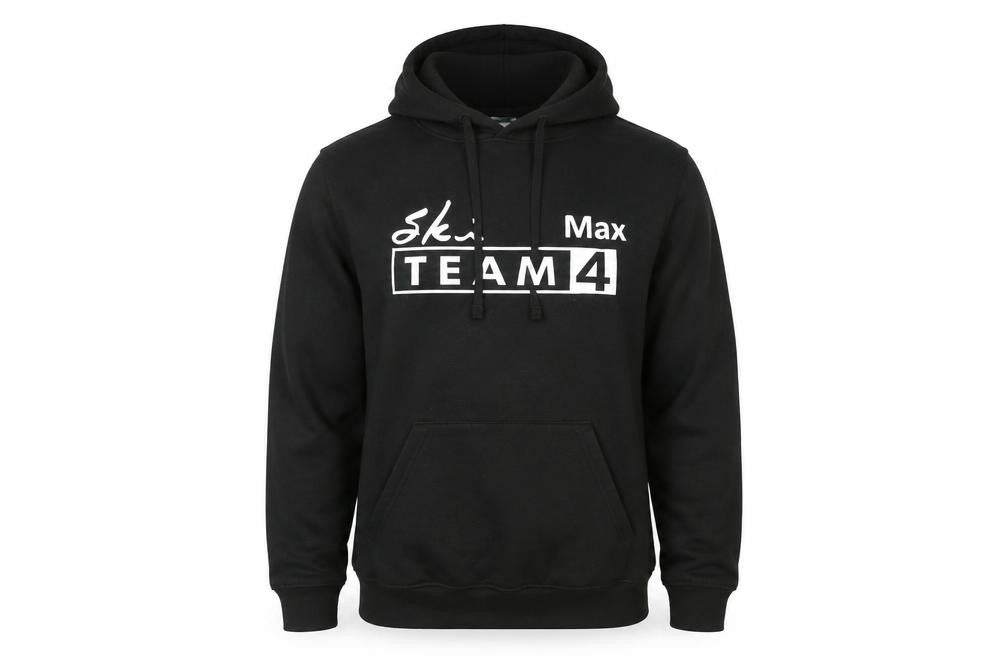 Front view of Uneek men’s black ski team hoodie xs pullover fleece