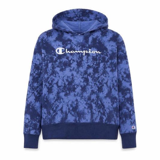 Front view of Champion women’s blue tie-dye pullover hoodie, size L, cotton blend