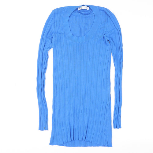 Zara Women Blue Ribbed Bodycon Long Sleeve Short Dress Size 12