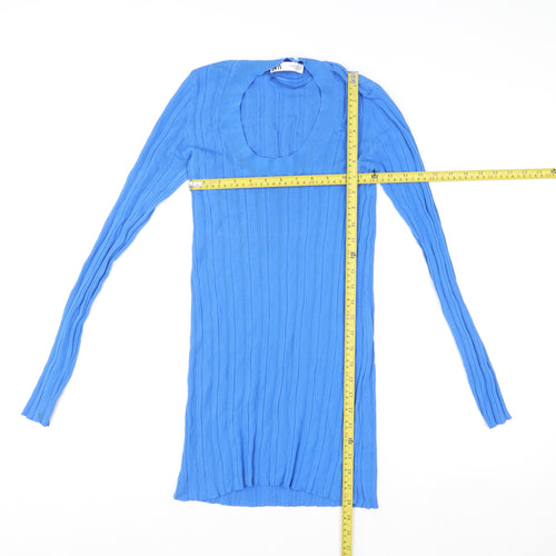 Zara Women Blue Ribbed Bodycon Long Sleeve Short Dress Size 12