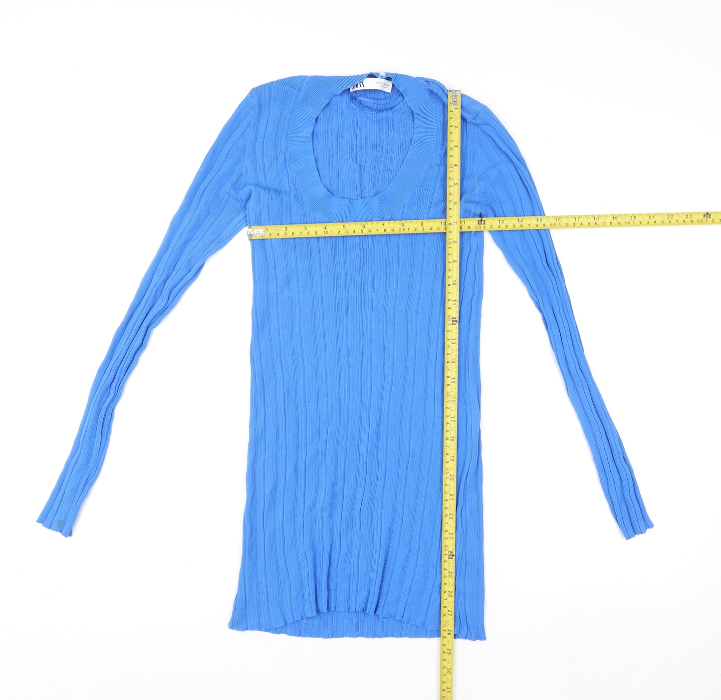 Zara Women Blue Ribbed Bodycon Long Sleeve Short Dress Size 12