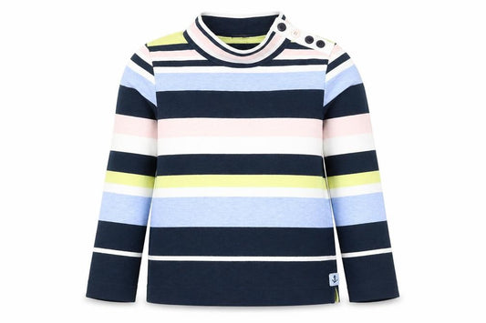 Front view of Laura Ashley women’s navy striped button neck pullover sweatshirt uk 10