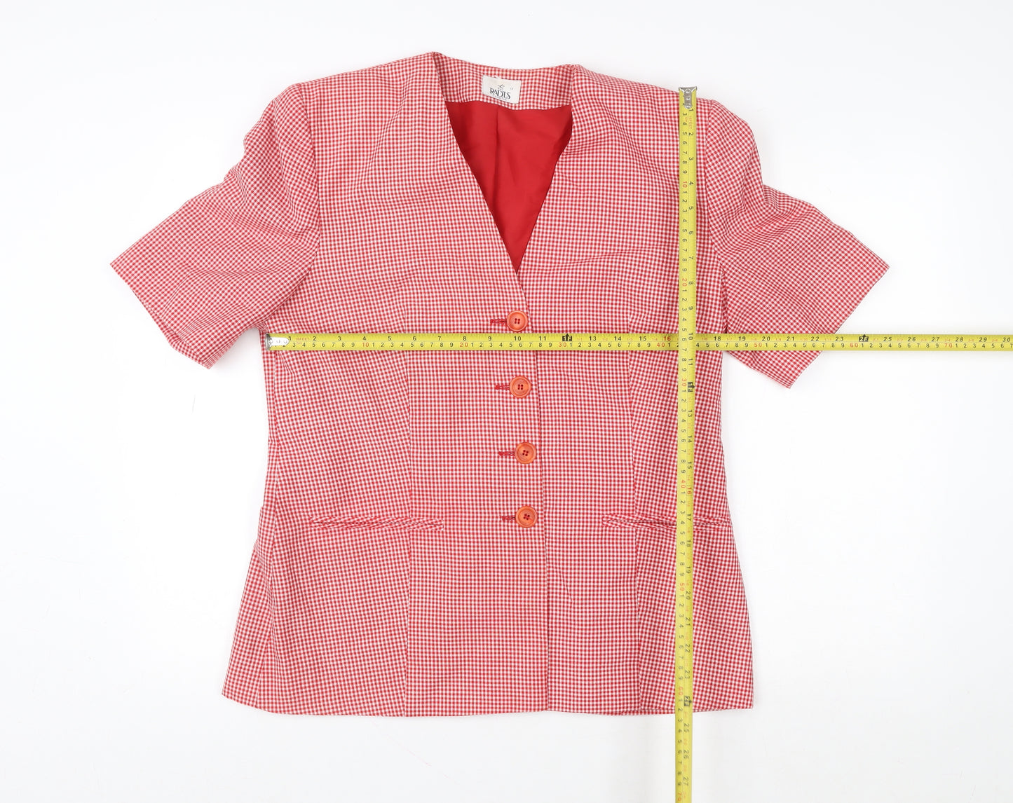 The Radius Creation Women Red Check Blouse Size 12 Short Sleeve V-Neck