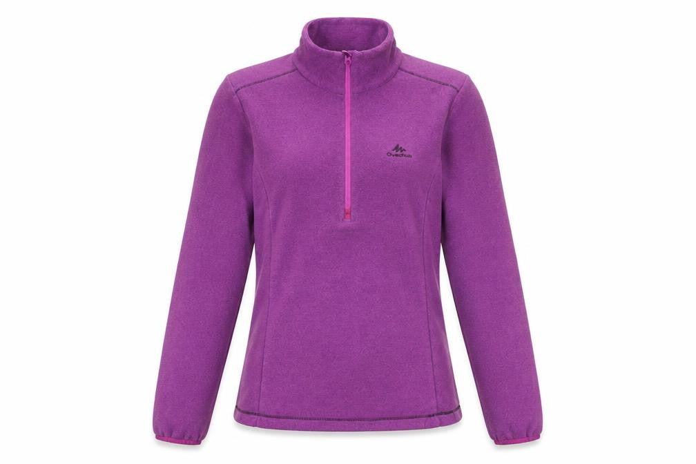 Front view of Quechua Women's Purple 1/2 Zip Fleece Pullover Hiking Sweatshirt, size M