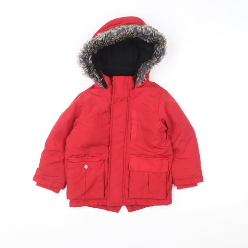 Very Boys Red Faux Fur Trim Hooded Winter Parka Coat 3-4 Years
