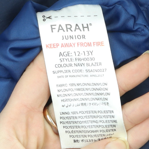 Farah Junior Boys Blue Hooded Puffer Jacket Age 12-13 Years Lightweight Zip Coat