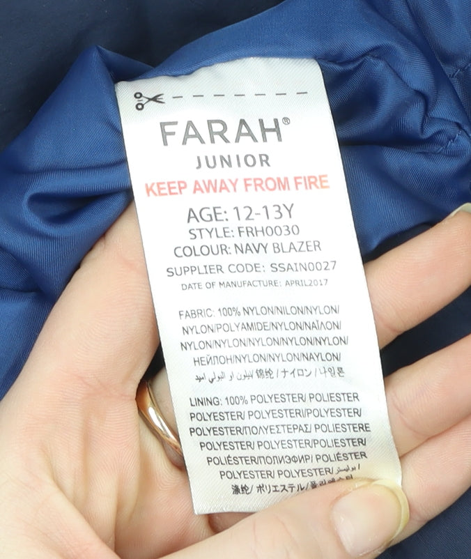 Farah Junior Boys Blue Hooded Puffer Jacket Age 12-13 Years Lightweight Zip Coat