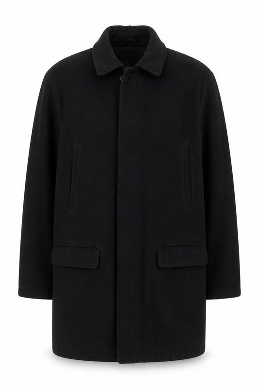 Front view of Marks & Spencer Women’s Black Wool Overcoat, size UK 10, Classic Style