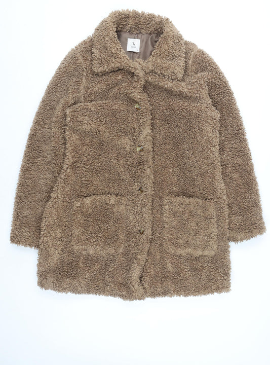 Tu Women Brown Teddy Coat Size 14 Mid-Length Fleece Buttoned Lined