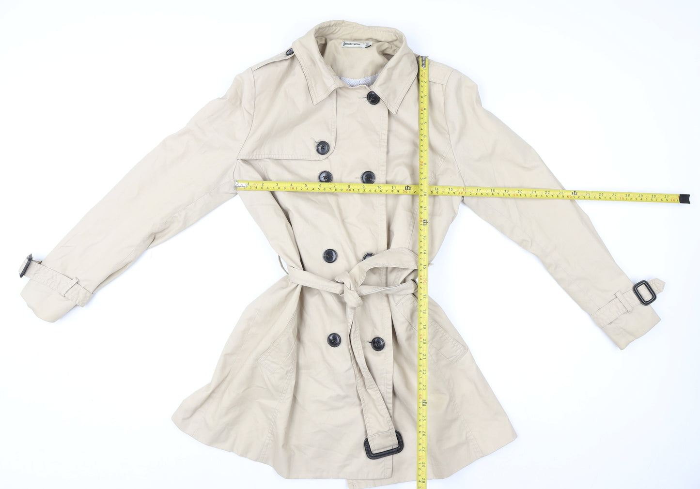 Stradivarius Women’s Beige Trench Coat L Belted Collared Mid-Length Classic