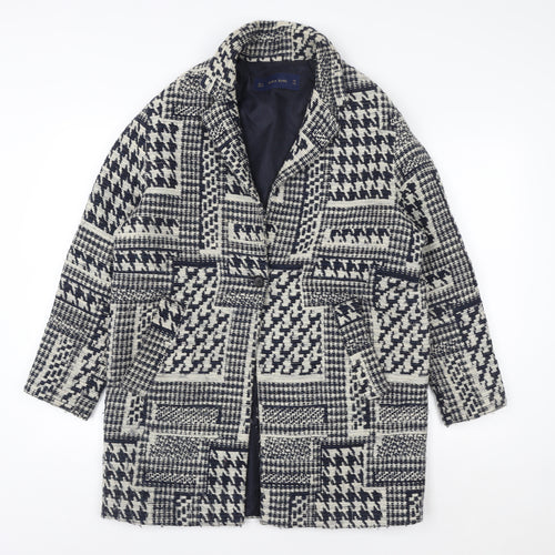 Zara Basic Women's Black Wool Houndstooth Mid-Length Coat Size 12