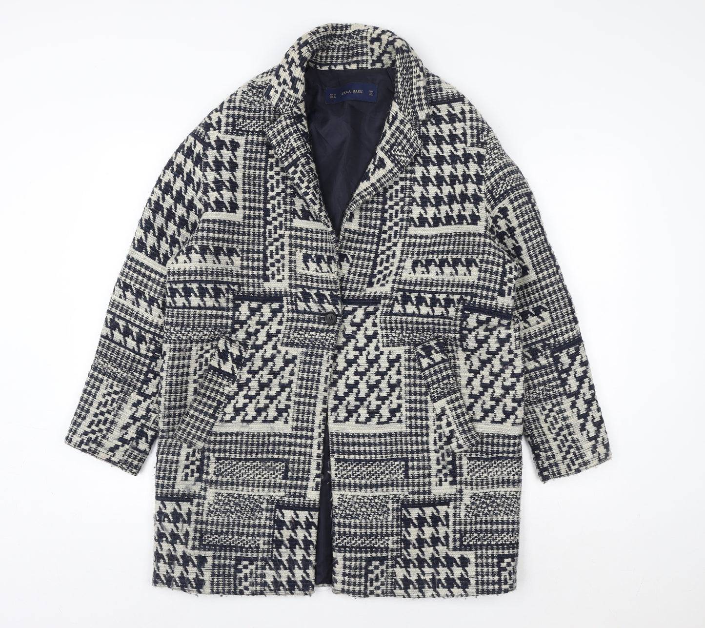 Zara Basic Women's Black Wool Houndstooth Mid-Length Coat Size 12