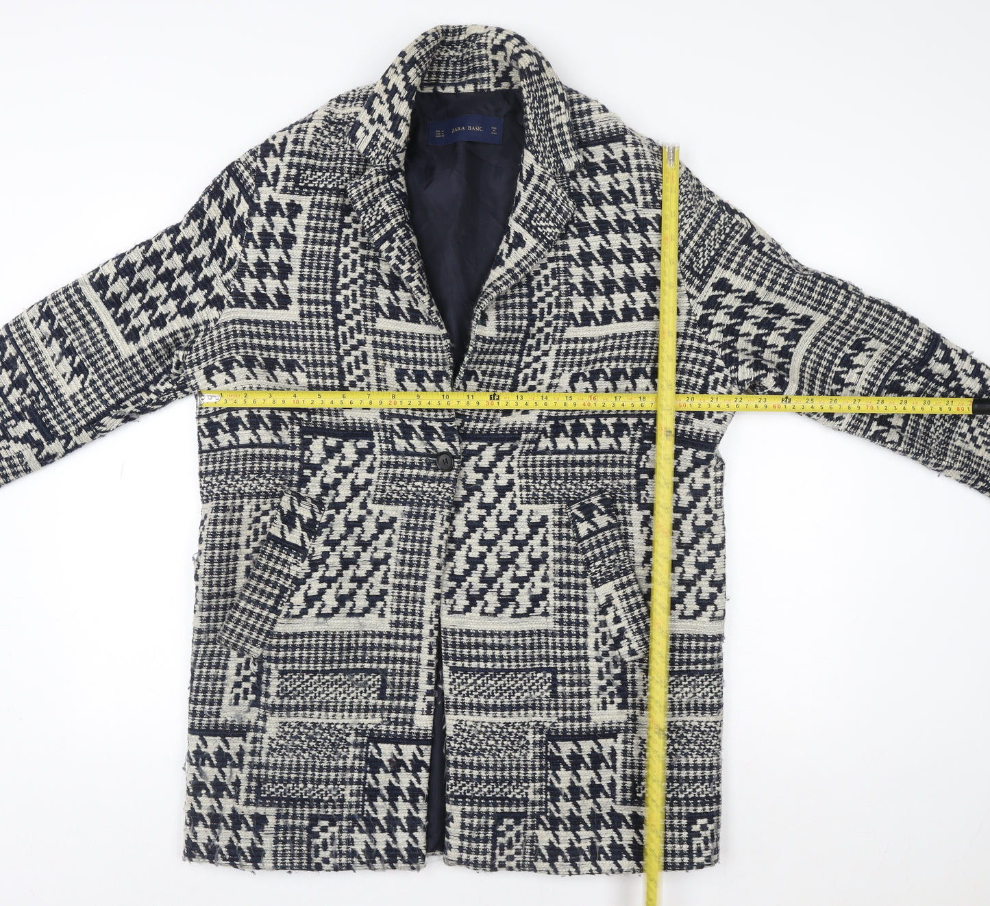 Zara Basic Women's Black Wool Houndstooth Mid-Length Coat Size 12