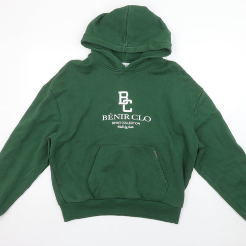Bénir Green Cotton Pullover Hoodie Women M Logo Front Classic Fit