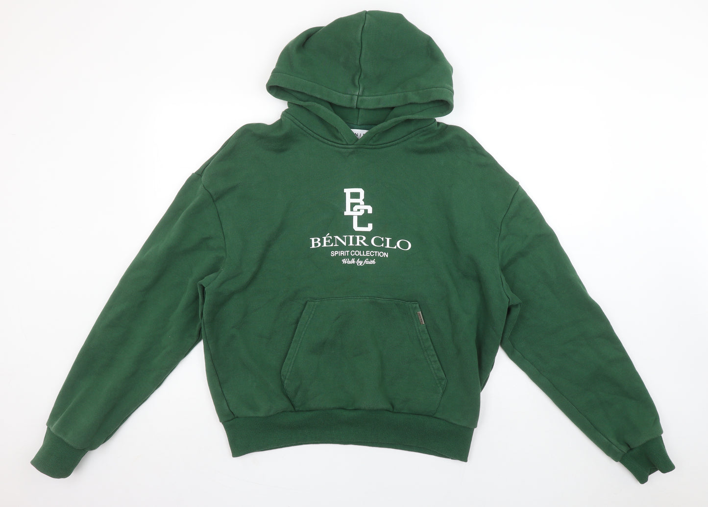 Bénir Green Cotton Pullover Hoodie Women M Logo Front Classic Fit