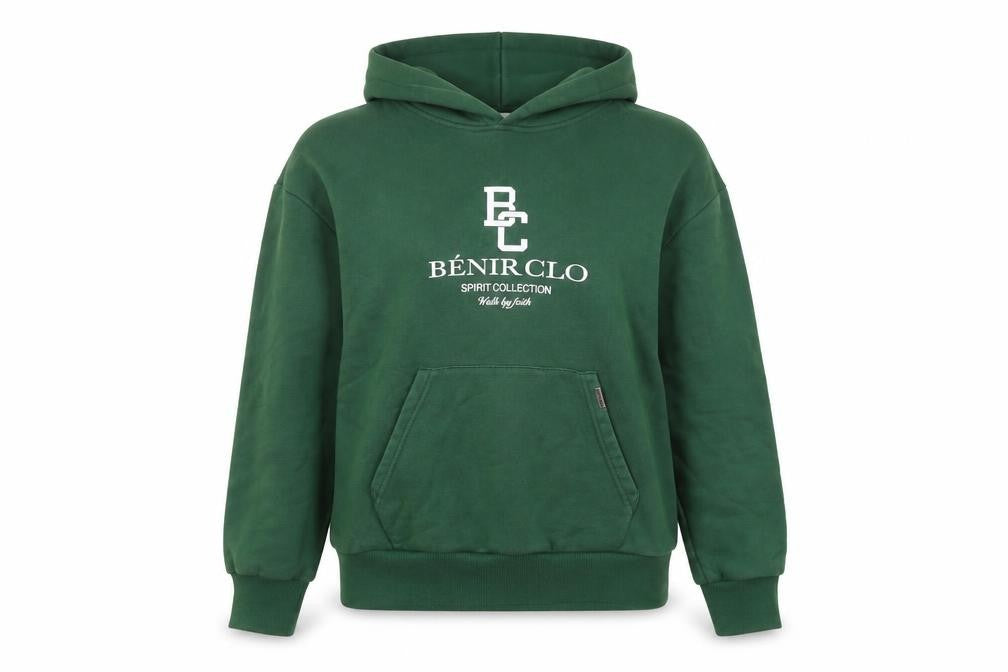 Bénir Green Cotton Pullover Hoodie Women M Logo Front Classic Fit