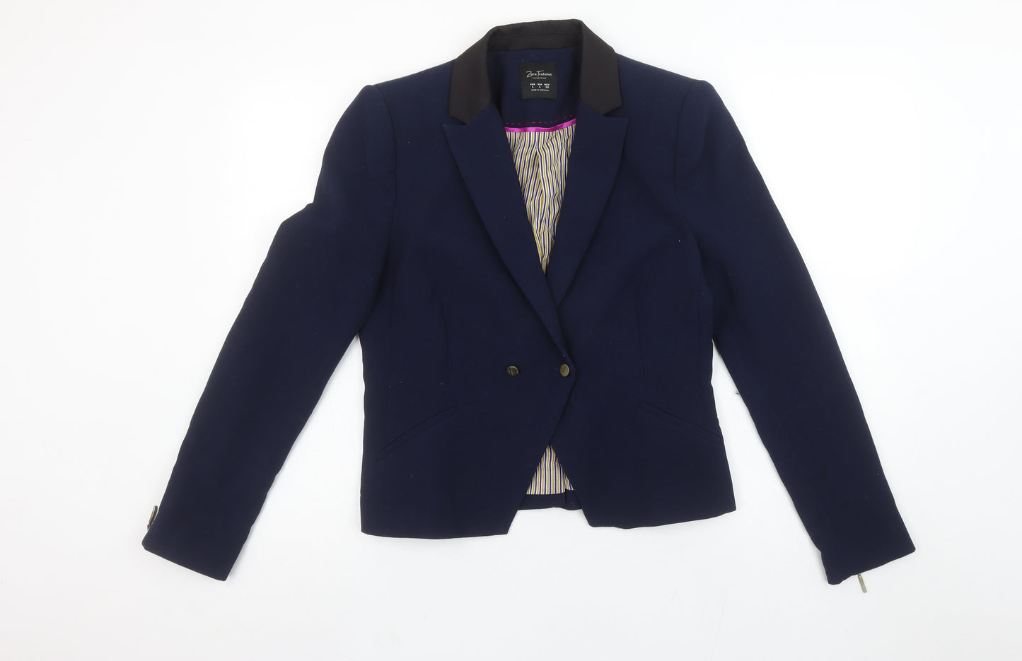 Zara Trafaluc Women Navy Blue Double-Breasted Blazer L Wool Blend