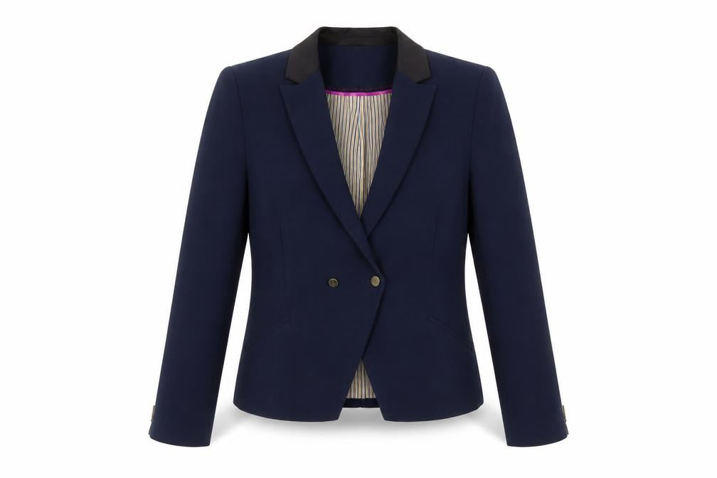 Front view of Zara Trafaluc Women Navy Blue Double-Breasted Blazer L Wool Blend