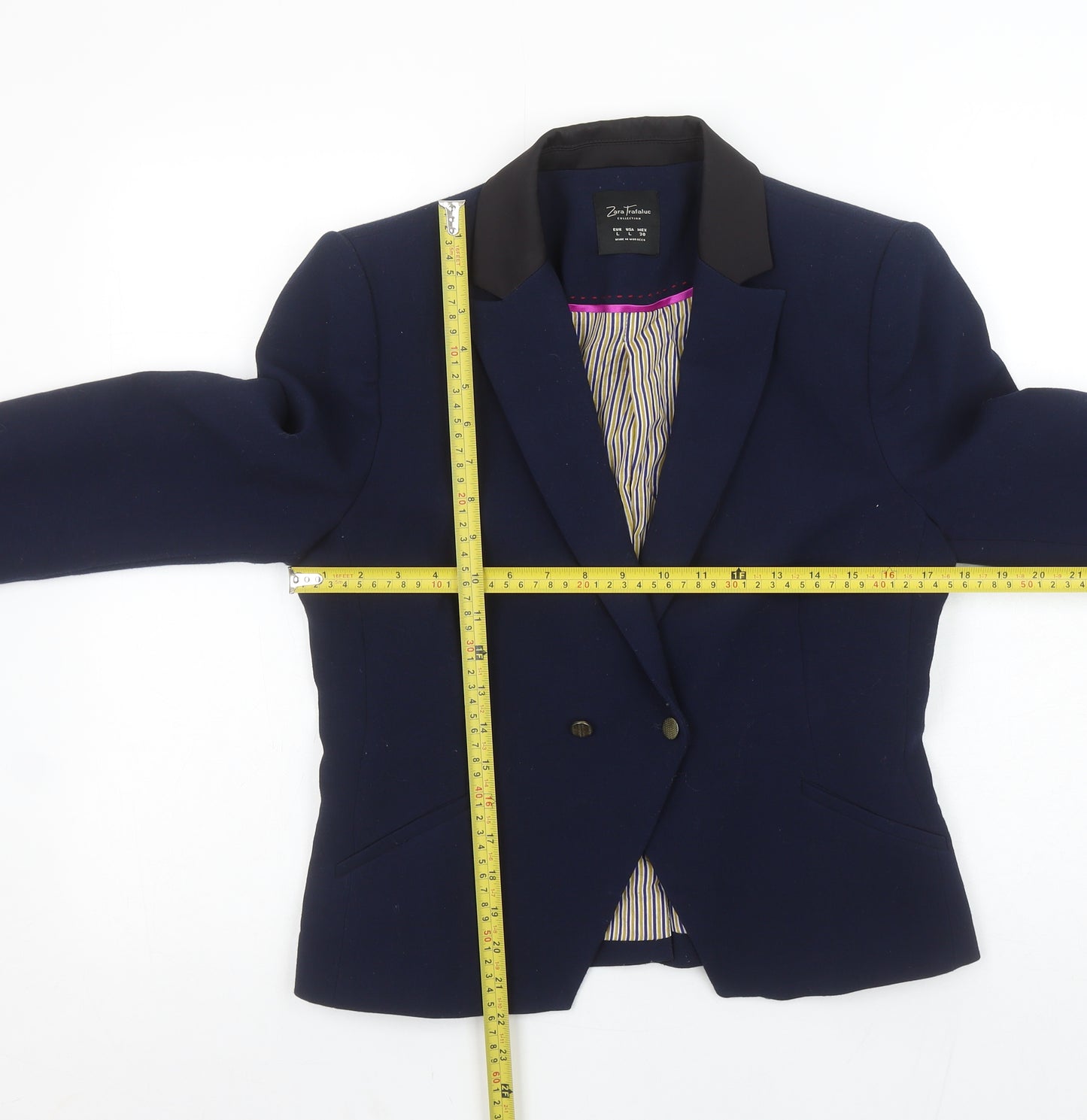 Zara Trafaluc Women Navy Blue Double-Breasted Blazer L Wool Blend
