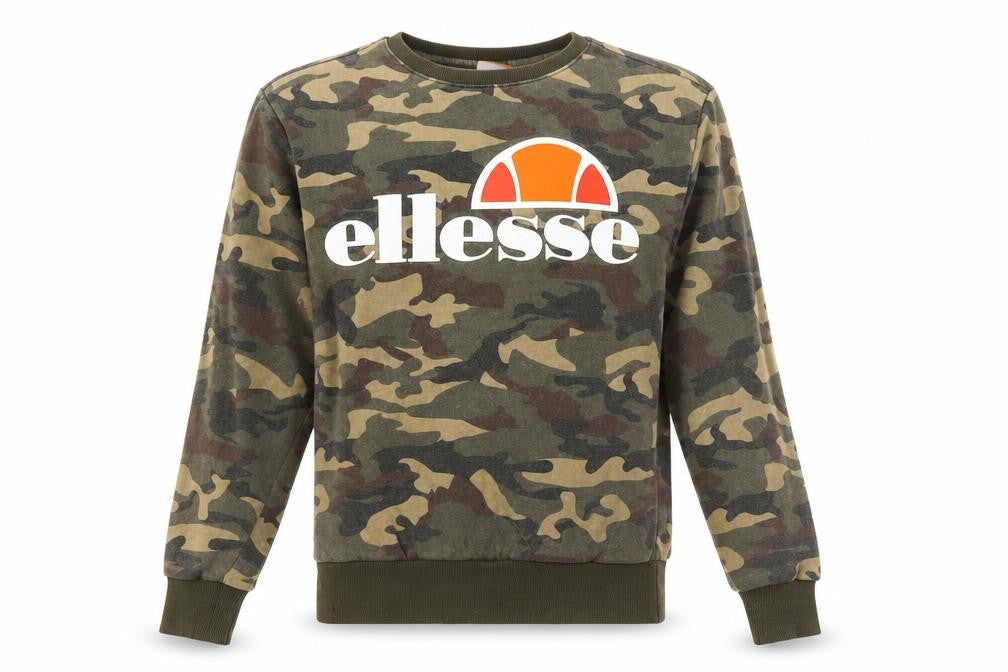Front view of Ellesse women’s green camouflage crew neck pullover sweatshirt uk s