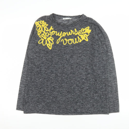 Zara Women Grey Embroidered Long Sleeve Jersey T-Shirt Size 12