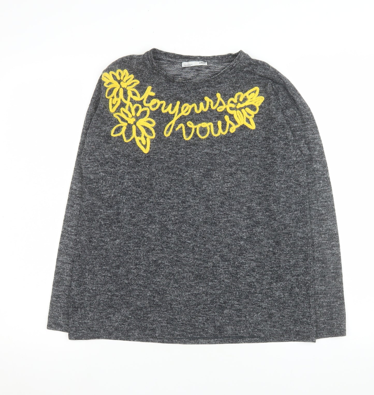 Zara Women Grey Embroidered Long Sleeve Jersey T-Shirt Size 12