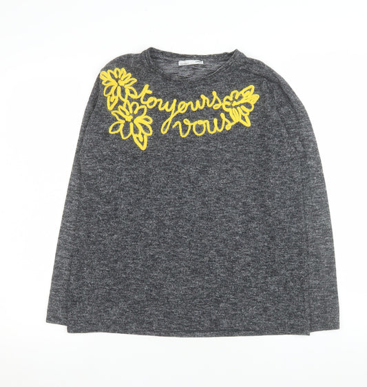 Zara Women Grey Embroidered Long Sleeve Jersey T-Shirt Size 12