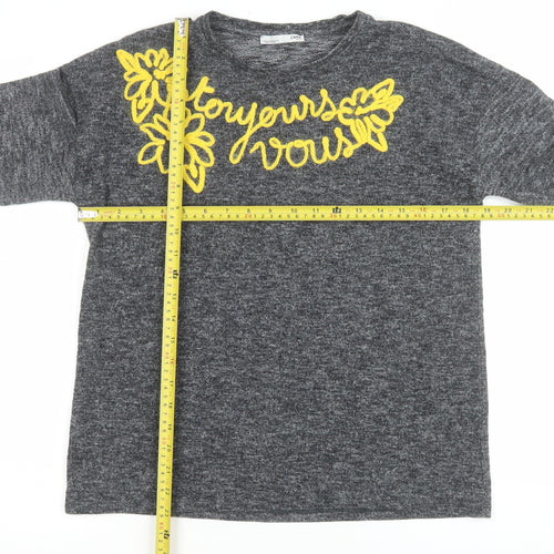 Zara Women Grey Embroidered Long Sleeve Jersey T-Shirt Size 12