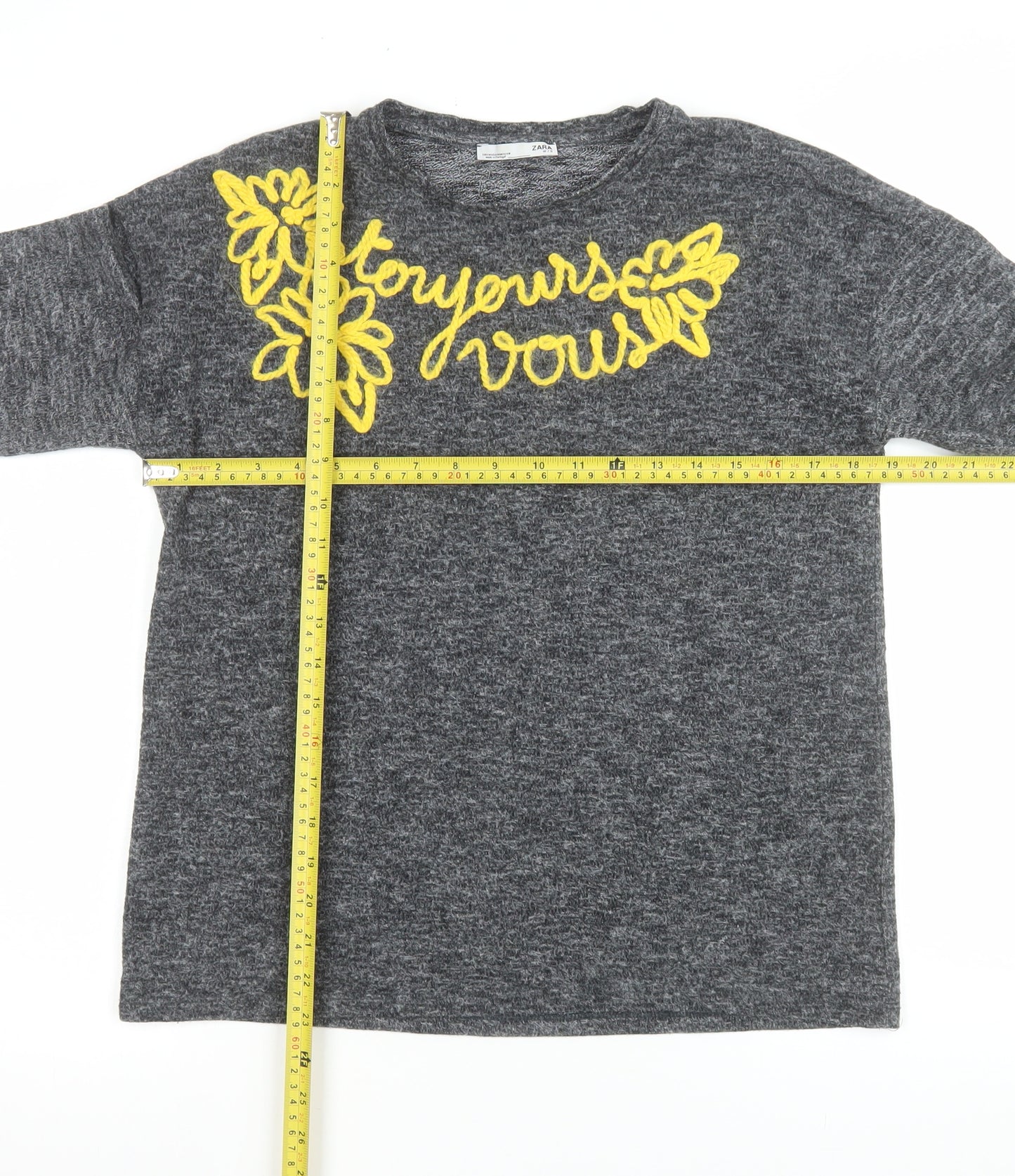Zara Women Grey Embroidered Long Sleeve Jersey T-Shirt Size 12