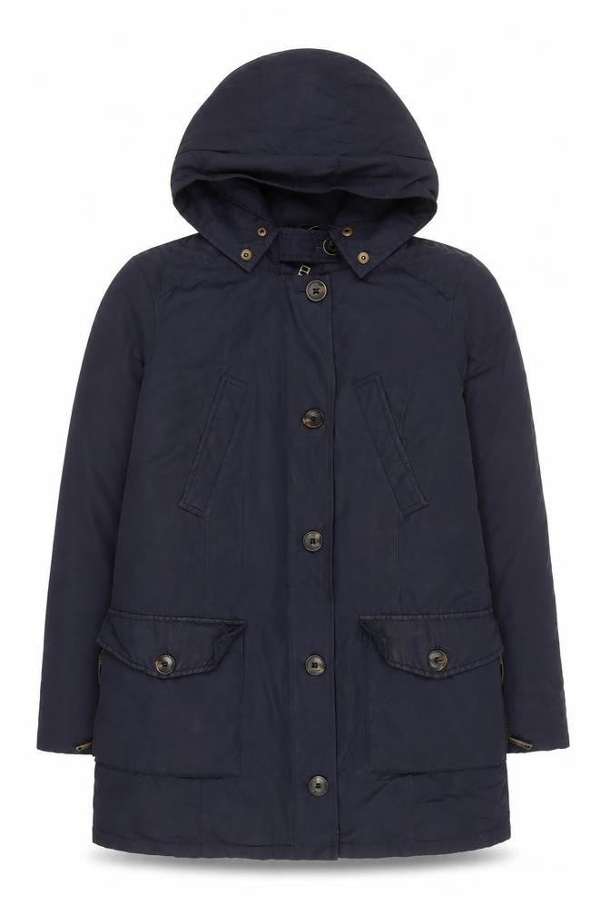 Front view of Zara men’s blue hooded parka coat, size M, regular fit