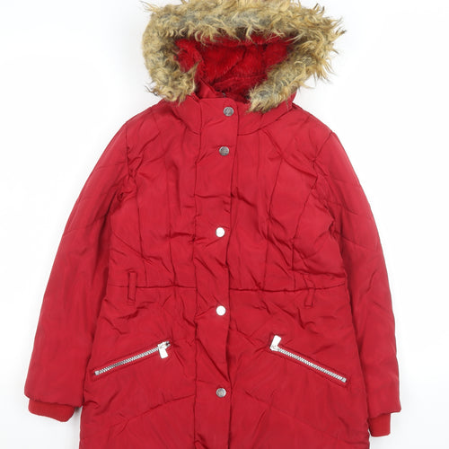 Tu Girls Red Faux Fur Hooded Puffer Coat 9-10 Years Winter Jacket